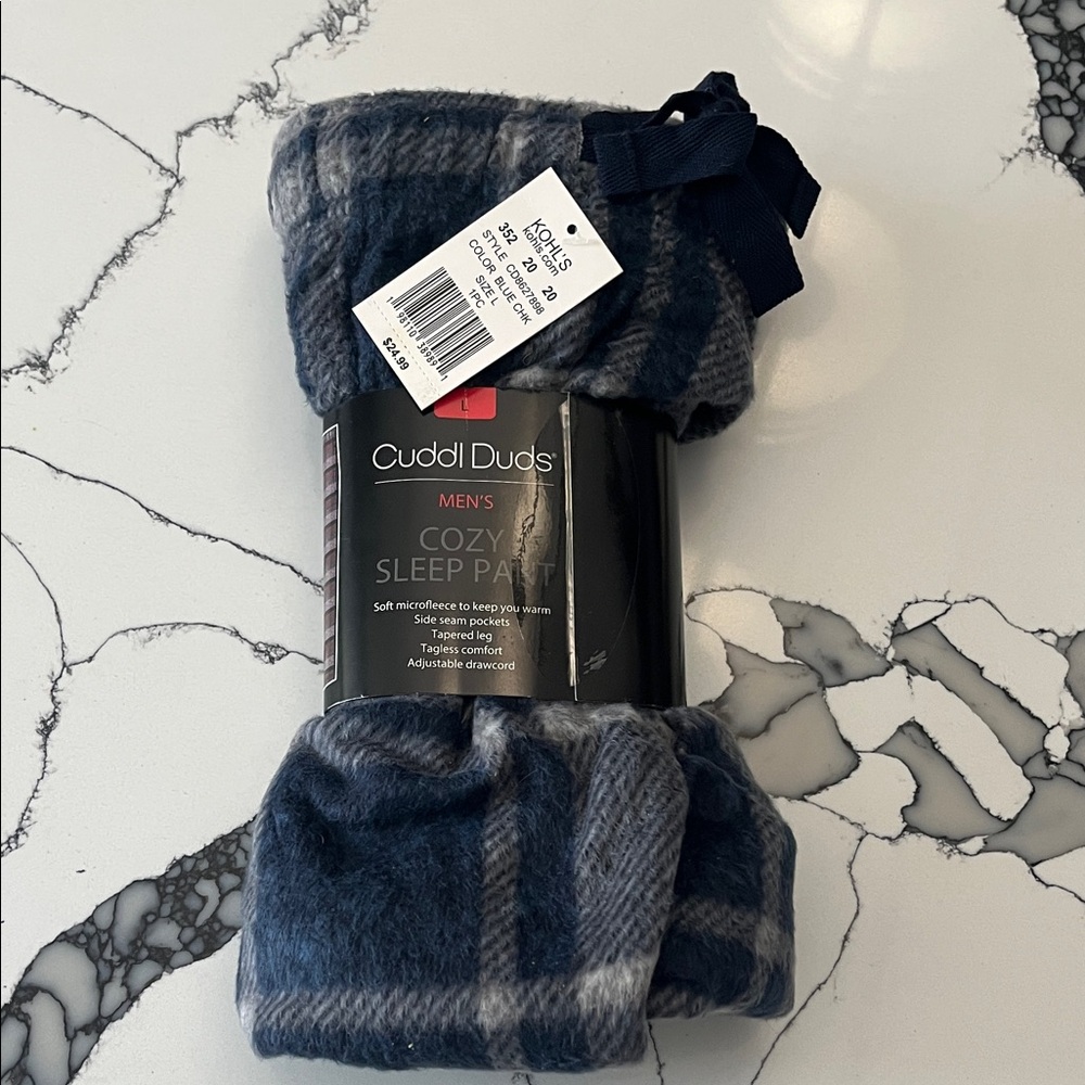 Cuddl Duds Men's Plaid Lounge Navy and Gray Fleece Pants, Size L